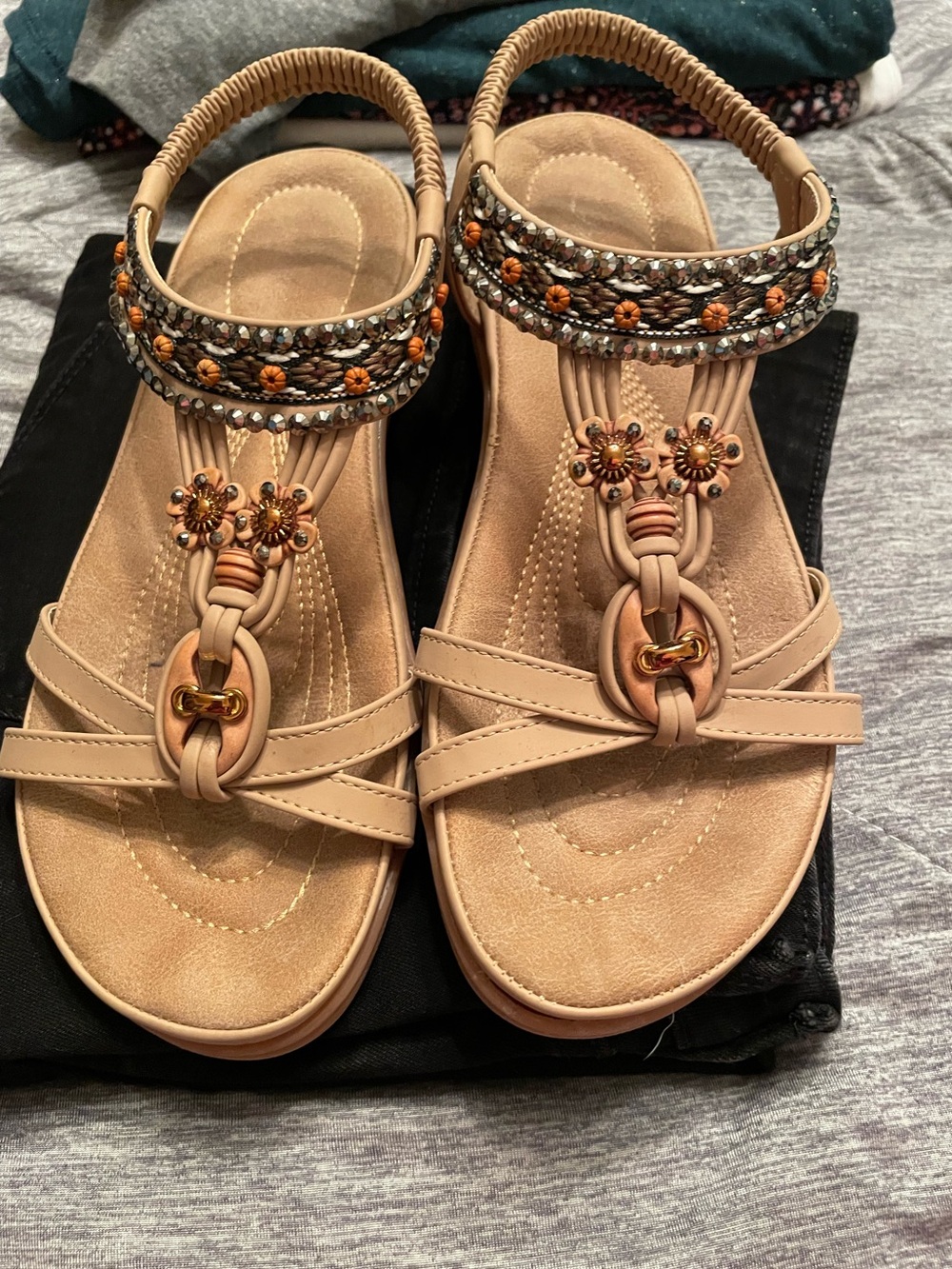 Beige Slip on Embellished Sandals